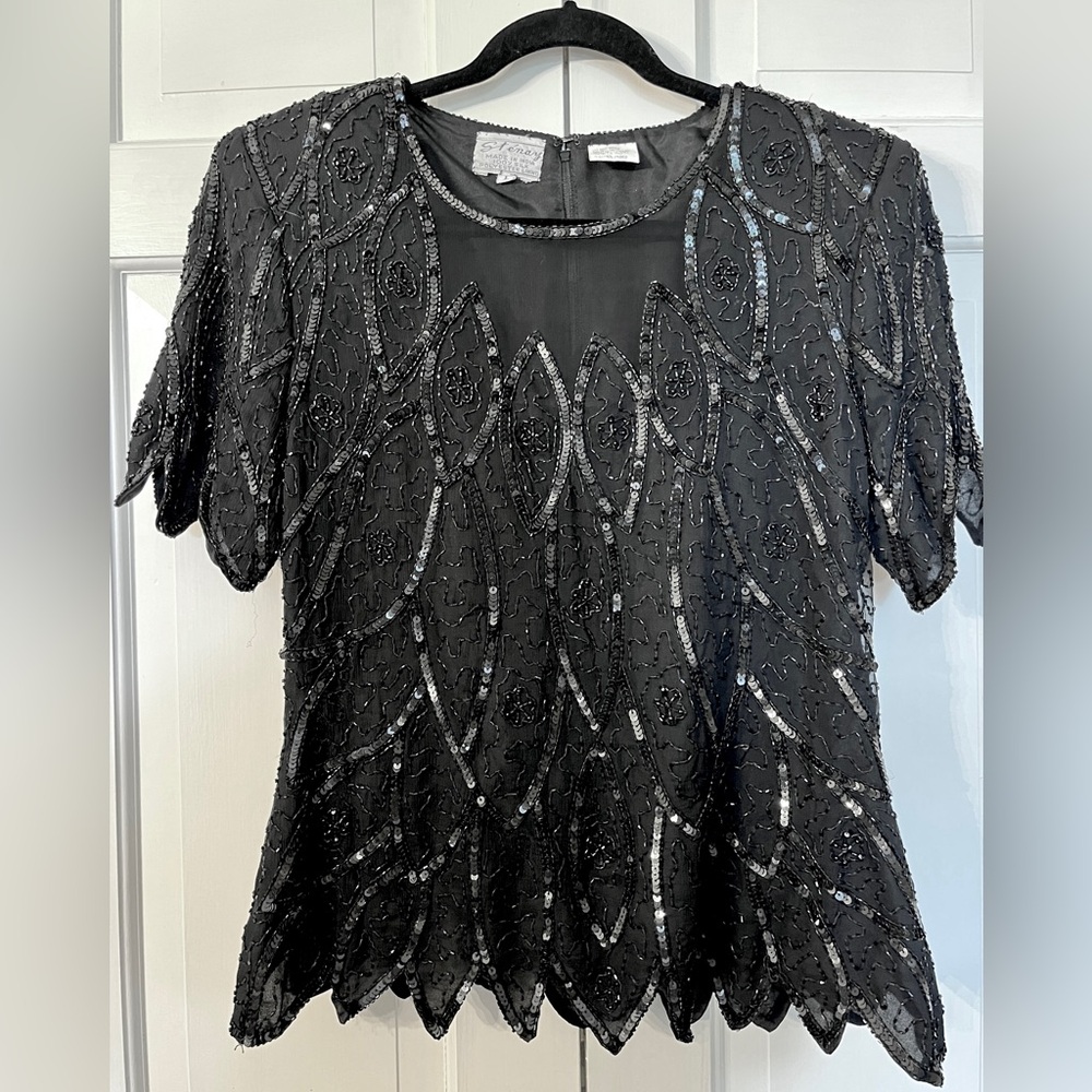 Vintage STENAY Black‎ Beaded Sequin Silk Top Evening Sz Large